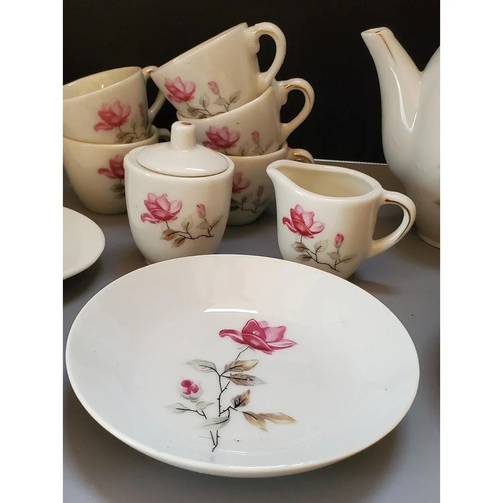 Vintage Floral Child's China Tea Set,‎ Teapot, Cups, Plates, Serving Pieces